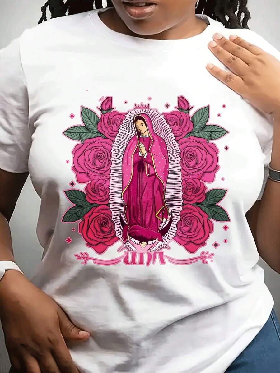 Camiseta casual de moda cuello redondo de la mujer del día de la madre | Corto Sved, tejido estirable ligero, patrón geométrico, yo para Dailpor y dar a amigos y familia