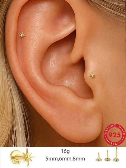 EleRunis 1 đôi bông tai hình ngôi sao bằng bạc Sterling 925, kích thước 5/6/8mm, kiểu dáng đáy phẳng, thích hợp cho nữ giới đeo hàng ngày, dự đám cưới, tiệc tùng, lễ đính hôn, kỷ niệm, ngày Valentine và các dịp khác.