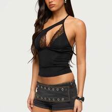 One Shoulder Halter Top, Lace Cutout Deep V Neck Slim Fit Sleeveless Cami - Black - View 3