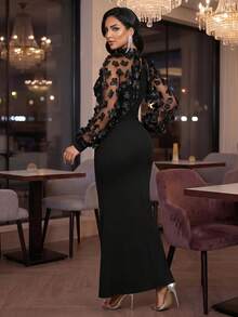 SHEIN Lady Váy đen thêu bướm ba chiều nối dài siêu mỏng đuôi cá, váy nhỏ dự tiệc thanh lịch - màu đen - Xem 3