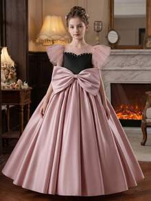 Teen Girl Elegant Ruffle Sleeve Handmade Beaded Black & Lotus Pink Satin Long Party Dress With 3D Bow Waist And Flared Skirt, Suitable For Wedding, Birthday, Party, Prom, Banquet, Flower Girl, Bridesmaid, Graduation - Dusty Pink - View 3