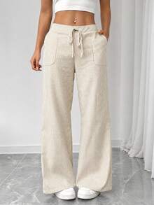 Women's Elegant Casual Striped Pocket Straight Leg Pants, Spring/Summer - Apricot - View 1