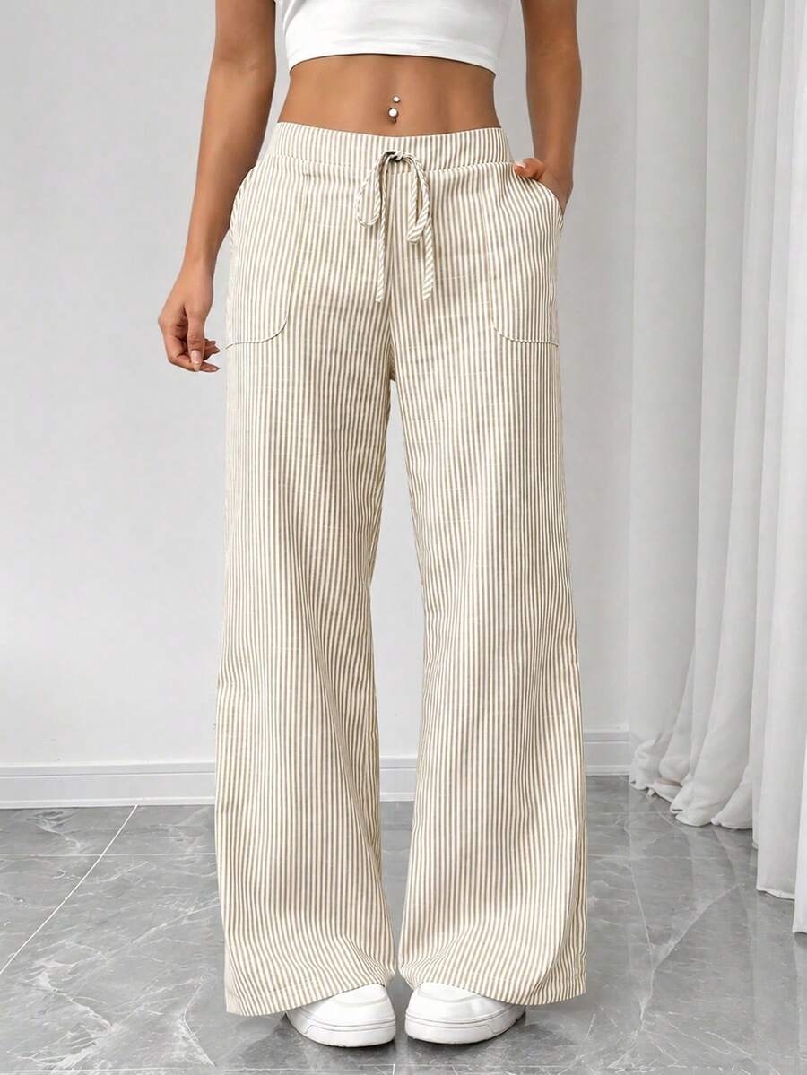 Women's Elegant Casual Striped Pocket Straight Leg Pants, Spring/Summer - Apricot - View 1