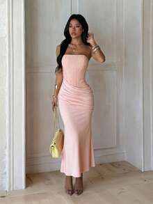 Elegant Strapless Textured Maxi Dress For Summer - Berwarna merah muda - View 3