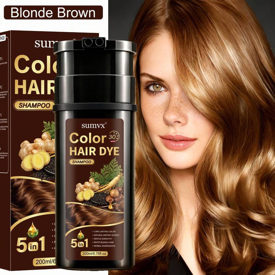 5-In-1 Ginger & Ginseng Hair Dye Shampoo, Plant-Based Ingredients, Moisturizing & Hydrating, Makes Hair Smooth & Shiny, Gentle Dyeing, Low Irritation, Covers Gray Hair, Suitable For All Hair Types - Multicolor - View 1
