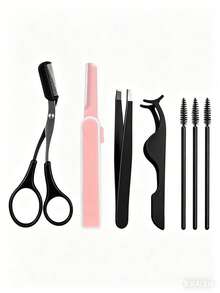 7pcs Flat Scissors, Eyelash Curler, Nail Clipper, Eyebrow Shaping Tool, Angled Scissors, Retractable Eyebrow Trimmer With Magnifying Guard, Ladies Manual Eyebrow Trimmer, Beginner Depilation Tool, Eyelash Tool, Eyebrow Tool Set - Multicolor - View 7