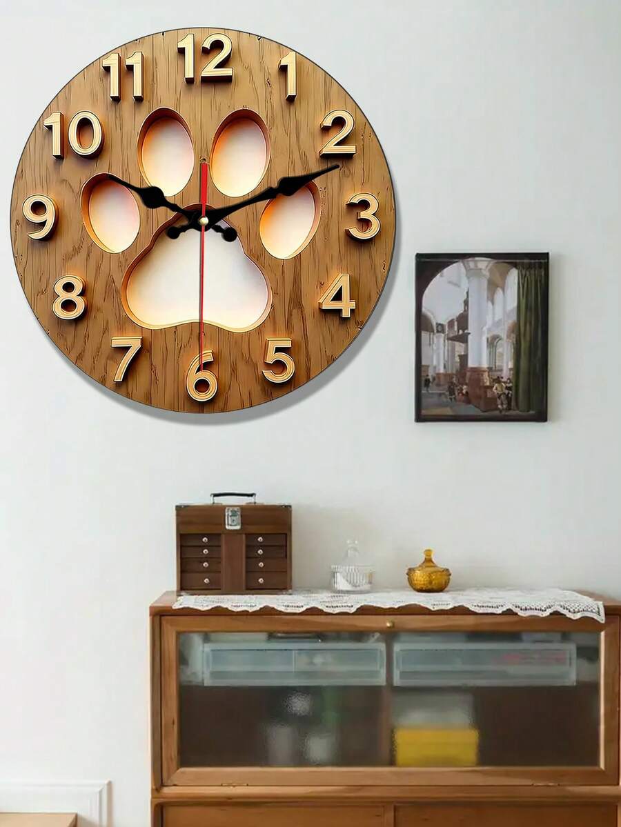 2D Flat 1pc Dog Paw Print Round Wall Clock, 10/12 Inch Wooden Round Silent Movement, Battery Operated, Suitable For Meditation, Living Room, Bedroom, Dining Room Decor - Batteries Not Included, 2D Flat - Multicolor - View 1