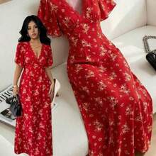Women's V-Neck Puff Sleeve Cinched Waist A-Line Floral Print Casual Vacation Dress, Suitable For Travel, Beach, Summer, Multiple Colors - Rojo - Ver 1