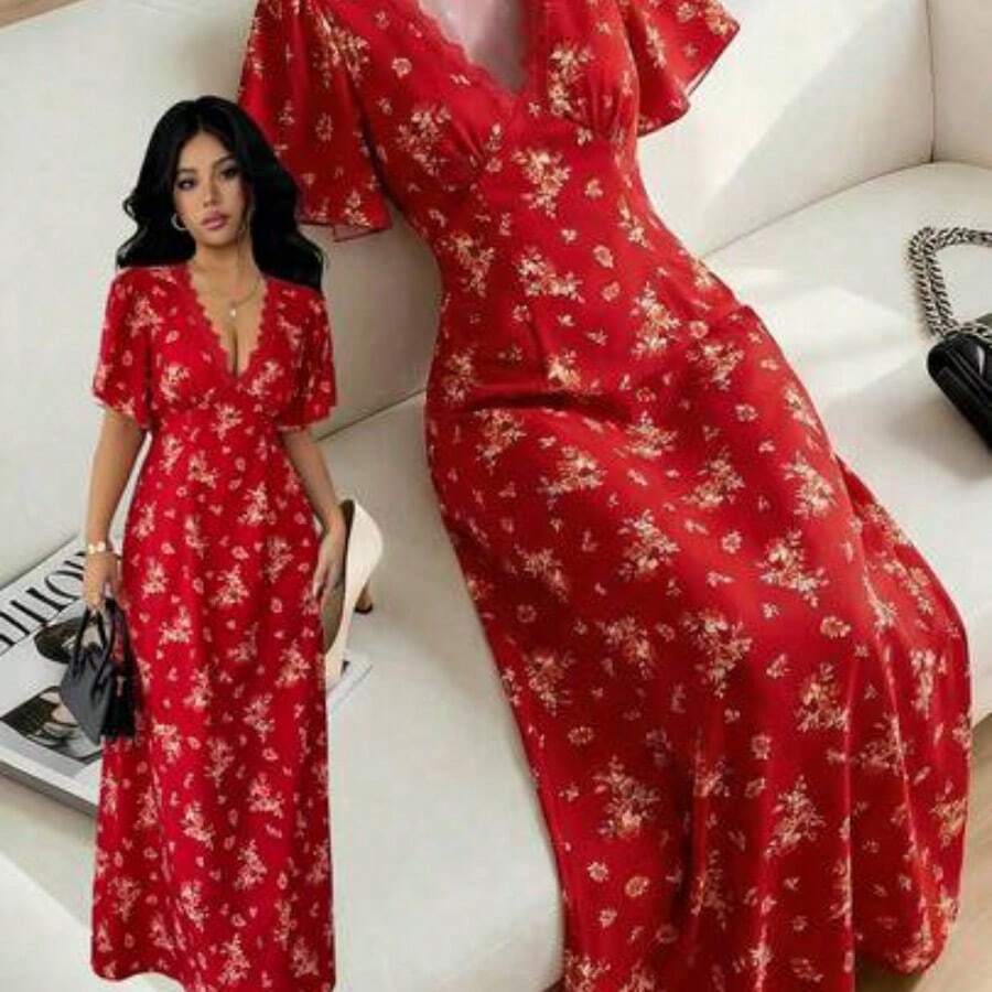 Women's V-Neck Puff Sleeve Cinched Waist A-Line Floral Print Casual Vacation Dress, Suitable For Travel, Beach, Summer, Multiple Colors - Rojo - Ver 1