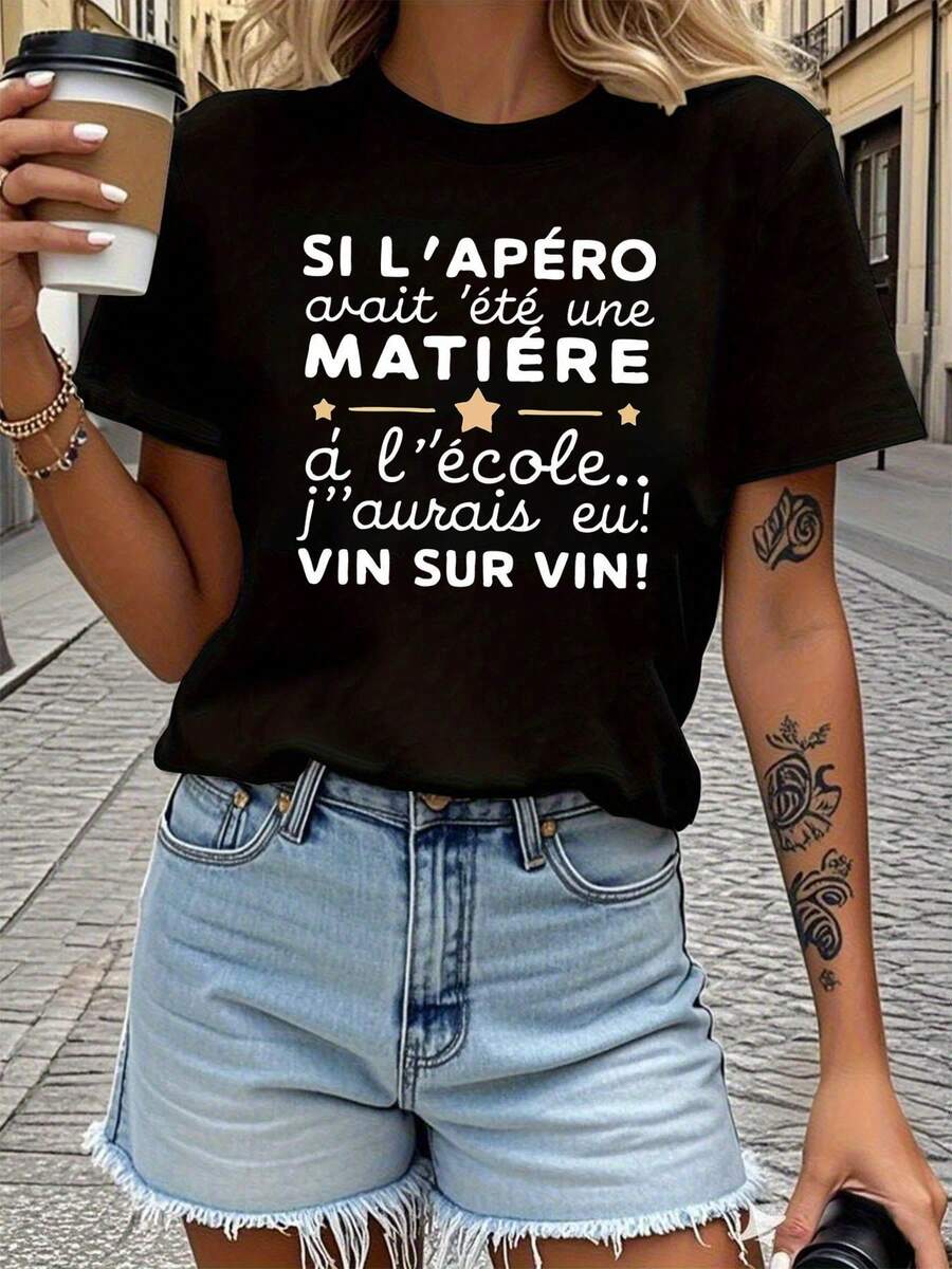 Camiseta de frase francesa de mujer "Si Lapero Avait Ete Une Matiere A Lecole" - Impresión de letra francesa de manga corta con cuello de tripulación Blusa-Top compatible para la primavera verano desgaste casual, trajes y trajes cotidianos adecuados para fiestas Regalo