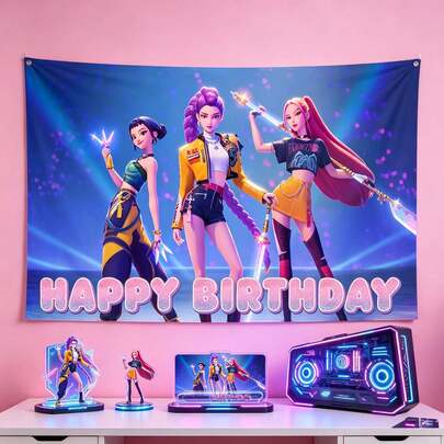 DOBBLE 1pc K-POP D-Emon H-Unters Theme Birthday Background Set, Multi-Character Printed Party Banner, Adult Fan Event Decoration Kit