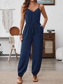 Mono Casual Plisado de Color Sólido para Mujer, para Uso Diario, Ropa de Vacaciones, Atuendo de Verano, Ropa para Conciertos en el Campo - Azul - Ver 5