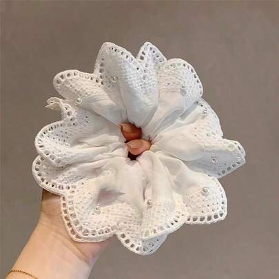 Lace Faux Pearl Hollow Scrunchie, Elegant Ponytail Holder Hair Tie For Women