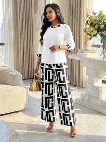 SHEIN Lady Bộ 2 món áo tay lỡ in họa tiết thường ngày dành cho nữ và quần dài - Đen và trắng - Xem 7