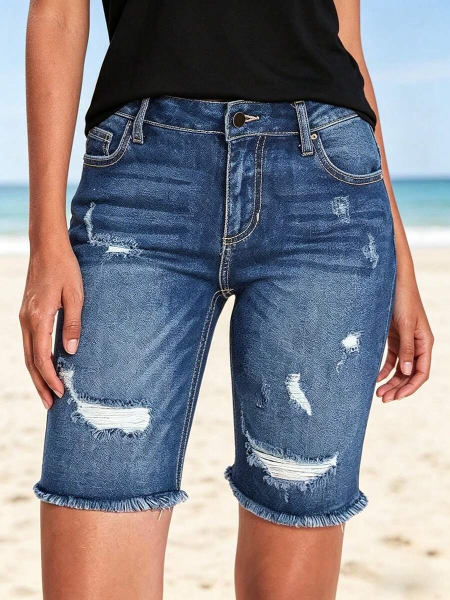 Quần short denim nữ dáng ôm rách mới - Quần short denim wash thời trang, gợi cảm, thoải mái và vừa vặn, thích hợp mặc thường ngày. - Rửa tối - Xem 1