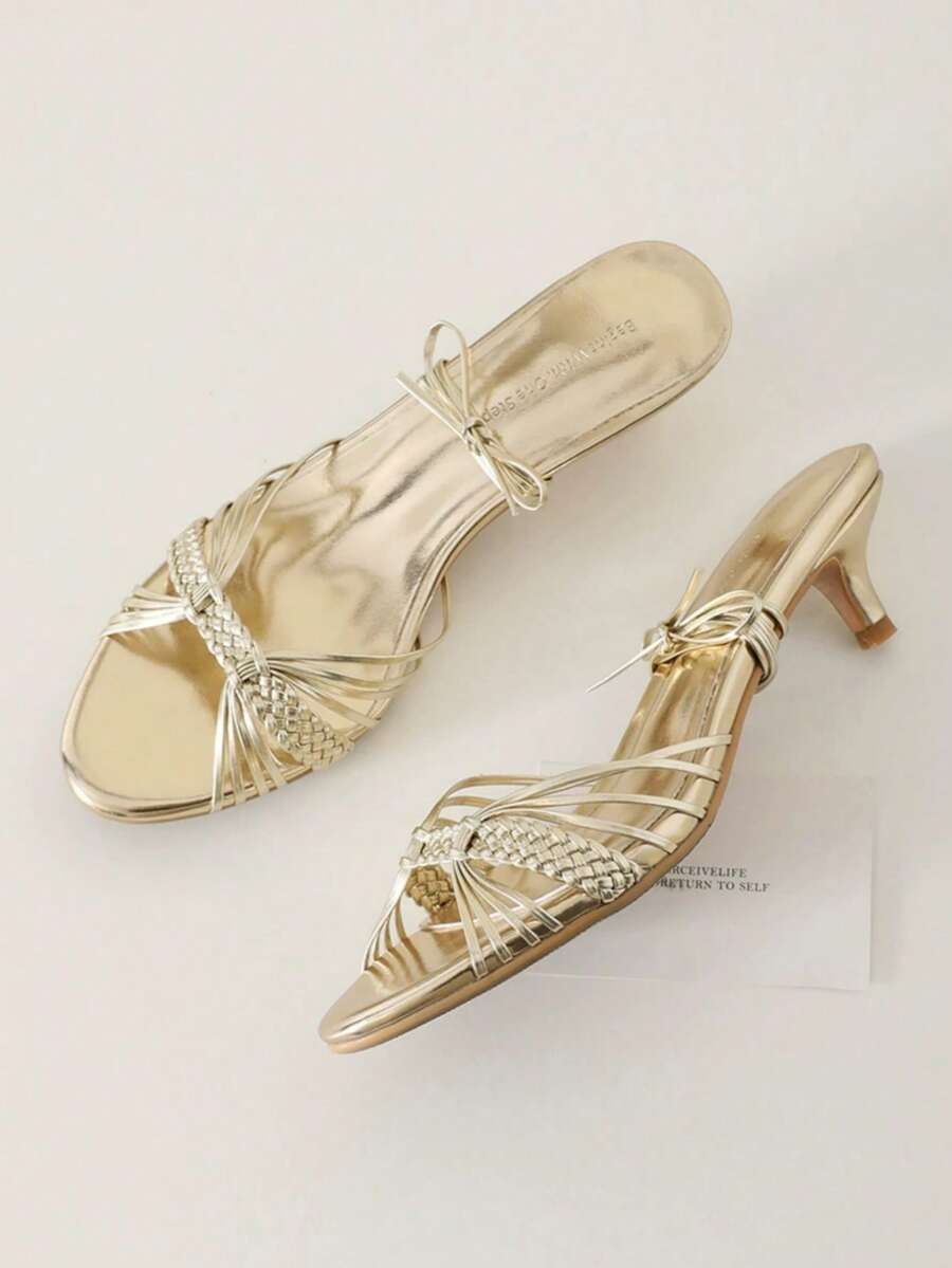 Nuevas sandalias de tacón alto con tiras tejidas y punta abierta para el verano - Dorado - Ver 1