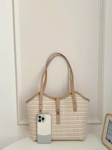 New Summer Straw Tote Bag For Women, Large Capacity French Woven Shoulder Bag, Beach Holiday & Commute Handbag - Khaki - View 5
