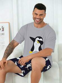 Plus Size Men's Pajama Set | Round Neck Short Sleeve Top And Elastic Waist Casual Shorts 2 Piece Set | Polyester Knit Fabric Soft And Breathable Loose Fit | Cute Penguin Print Casual Design - Multicolor - View 7