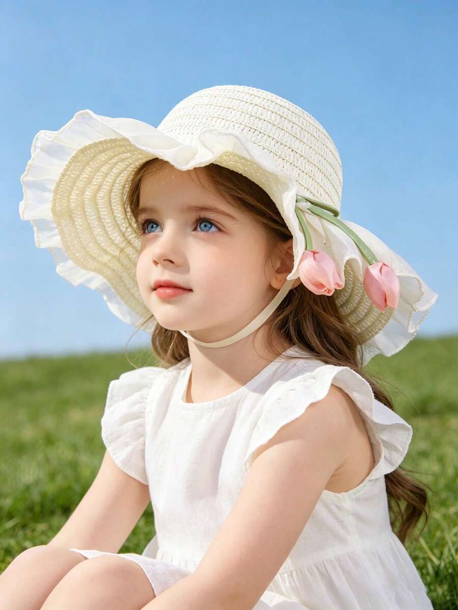 1 chiếc mũ đi biển rộng vành ren trang trí hoa tulip cho bé gái 3-6 tuổi, thoáng khí, thích hợp cho du lịch ngoài trời và sử dụng hàng ngày. - hoa tulip - Xem 1