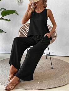 Conjunto de top sin mangas y pantalones de pierna ancha con parte posterior de malla de encaje para mujer, color albaricoque, para primavera/verano - Negro - Ver 7