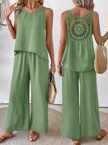 Conjunto de top sin mangas y pantalones de pierna ancha con parte posterior de malla de encaje para mujer, color albaricoque, para primavera/verano - Verde - Ver 1