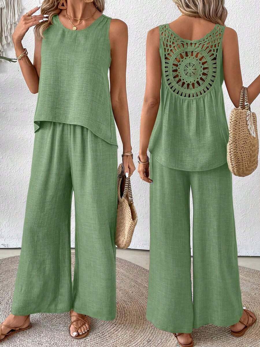 Conjunto de top sin mangas y pantalones de pierna ancha con parte posterior de malla de encaje para mujer, color albaricoque, para primavera/verano - Verde - Ver 1
