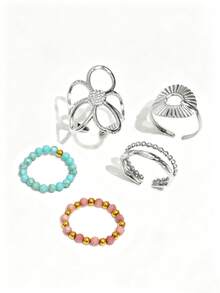 3/5 piezas Juego de anillos apilables con declaración floral chapados en oro, anillos abiertos con flor grande y estallido de sol + anillos con cuentas de piedras turquesa y rosa, joyas bohemias de uso diario a prueba de agua de acero inoxidable - Colocar - Ver 12