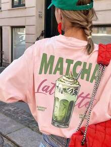 Camiseta de mujer de manga corta y cuello redondo holgada, con estampado gráfico con tema de Matcha Latte, adecuada para vacaciones, oficina, salidas, uso diario, citas, fiestas casuales - Rosa - Ver 4