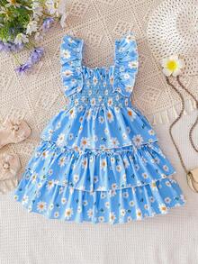 Conjunto de Regata com Alça Fina e Babado na Barra e Saia Estampada com Camadas Múltiplas de Margarida para Meninas, Roupa Leve e Confortável para Brincadeiras ao Ar Livre no Verão - Azul bebê - Visão 2