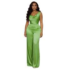 2026 New Style Champagne Gold Satin Jumpsuit Sleeveless Swing Collar Waist-Cinching Women's Jumpsuit Wide-Leg Pants Sleeveless Casual Short Jumpsuit Summer, Vacation, Poolside & Weekend Getaways TE2J - Màu be - Xem 8