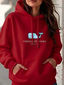 Whale Vineyard Vines Golf Pattern Hoodie Apparel Print Graphic Print Long Sleeve Drawstring Fleece Hoodie Pullover Pocket Sweatshirt For Women, Casual Oversized Long Sleeve Fashion Streetwear Pullover Black White Options, Winter Clothes, Suitable For Parties, Outdoor Activities, And Leisure - 紅色 - 查看 9