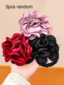 3/1 Set Vintage Rose Flower Hair Scrunchies, Satin Imitation Flower Hair Ties, Elegant Hair Accessories - Suitable For Women And Girls, For Daily, Date, School, Party, Holidays, Gifts,Travel,Birthday - Multicolor - View 10