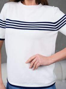 Women's Crew Neck Short Sleeve Striped Knit Blouse - White - View 6
