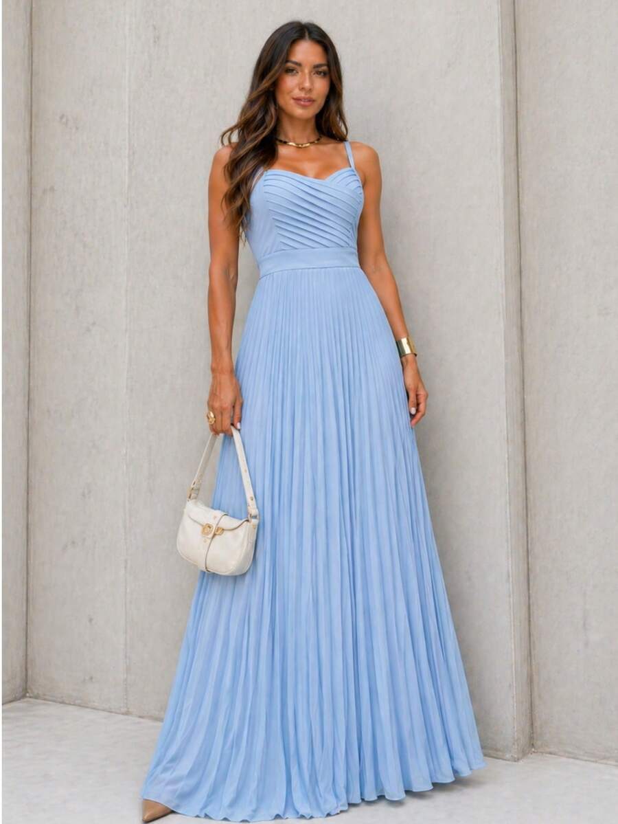 Women's Long Pleated Dress With Crossover Detail At The Bust – Ideal For Special Events Such As Weddings And Graduations - 淺藍色 - 查看 1