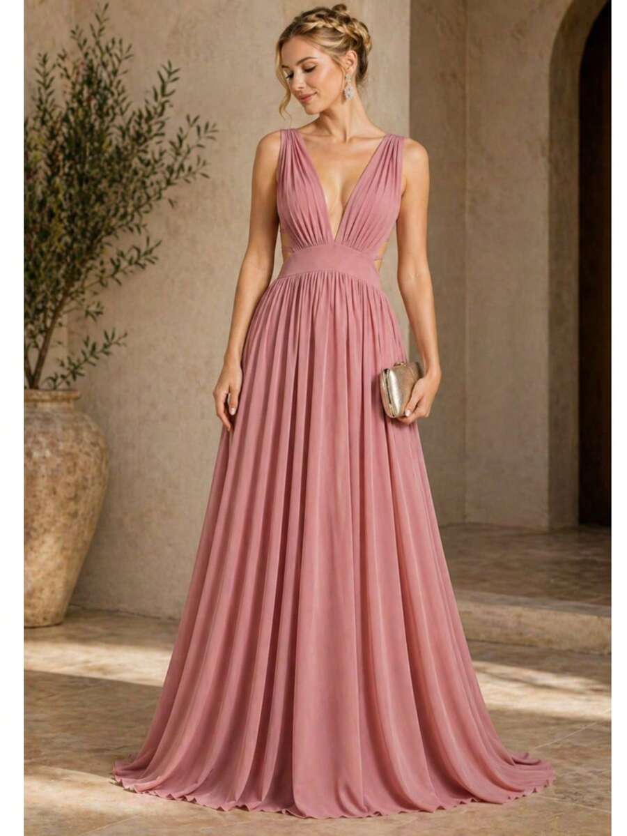Inexpensive Bridesmaid Dress For Parties, Guests, Receptions, Graduations, Without Glitter, Open On The Side. - 乾枯玫瑰色 - 查看 1