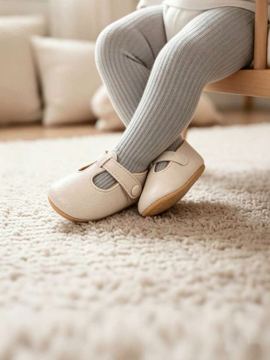 女婴玛丽珍平底鞋，防滑软底幼儿鞋，PU皮学步鞋，婴儿爬行鞋，婚礼派对圣诞公主礼服鞋，女婴莫卡辛鞋 - 杏色 - 查看 1