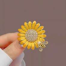 1pc Vintage Enamel Sunflower Brooch, Exquisite Bee & Daisy Lapel Pin, Unique Design Accessory For Suit - Yellow - View 7