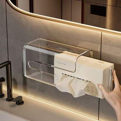 1 pieza Dispensador de toallitas húmedas montado en la pared de acrílico transparente con soporte para toallas de papel, caja de almacenamiento de toallas de papel de plástico rectangular para baño y cocina, estante para toallitas húmedas y papel higiénico sanitario