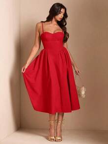 Elegante vestido largo sin mangas con manga abultada para mujer, adecuado para citas diarias, salidas, discotecas, fiestas, temporada de otoño - Rojo - Ver 5