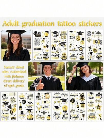 Grad Temporary Tattoos, 10 Sheets Grad Tattoos, Graduation Stickers Tattoo For 2026 Congrats Graduation Party Favors Decorations Decor Gifts Supplies Accessories