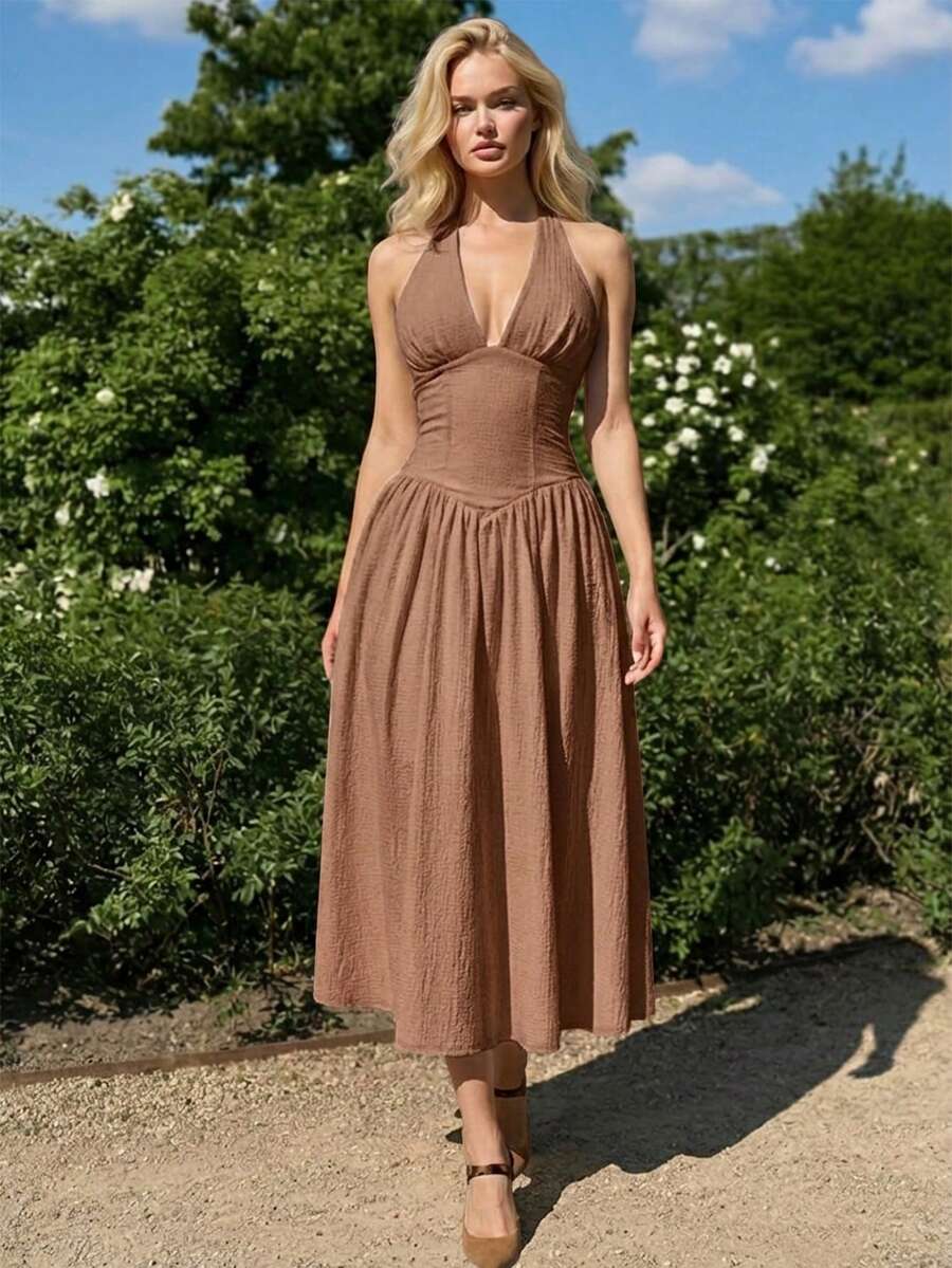 Perirose 女士优雅棕色吊带中长连衣裙,深V领收腰A字裙摆,休闲夏季度假及早午餐穿着,2026年时尚款式 - 咖啡 - 查看 1
