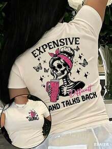 Camiseta de Mujer con Estampado de Calaveras - Una Camiseta Vanguardista de Cuello Redondo con Estampado de Mariposas y Estrellas, con el Eslógan "Expensive Talks Back", una Camiseta Casual de Manga Corta Transpirable para Primavera y Verano, una Camiseta Gráfica Elegante con un Ajuste Cómodo. - Albaricoque - Ver 1