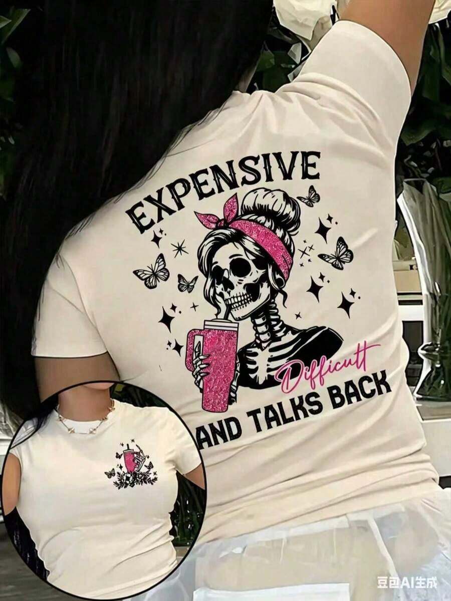 Camiseta de Mujer con Estampado de Calaveras - Una Camiseta Vanguardista de Cuello Redondo con Estampado de Mariposas y Estrellas, con el Eslógan "Expensive Talks Back", una Camiseta Casual de Manga Corta Transpirable para Primavera y Verano, una Camiseta Gráfica Elegante con un Ajuste Cómodo. - Albaricoque - Ver 1