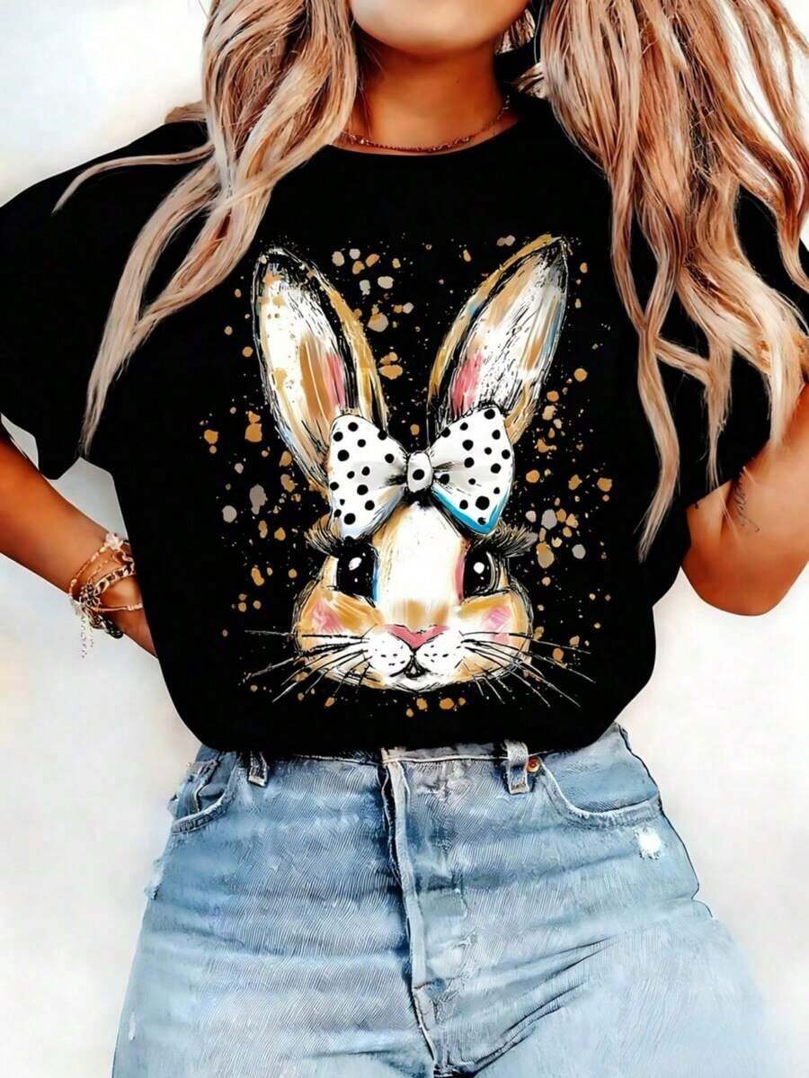 Camiseta Clásica de Mujer con Estampado de Conejo, Manga Corta, Cuello Redondo, Ajuste Cómodo, Lavable aáquina, Estilo Casual y Moderno, Ropa de Primavera y Verano para Mujer, para Reuniones Familiares y Viajes, Camiseta de Verano - Negro - Ver 1