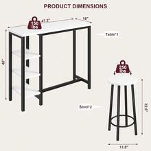 Compact High Table And Stool Set For 2 People With 3 Storage Shelves For Kitchen, Dining Room, Office, Small Spaces, Black And White - Black Sand Panel + Black Tube - View 6