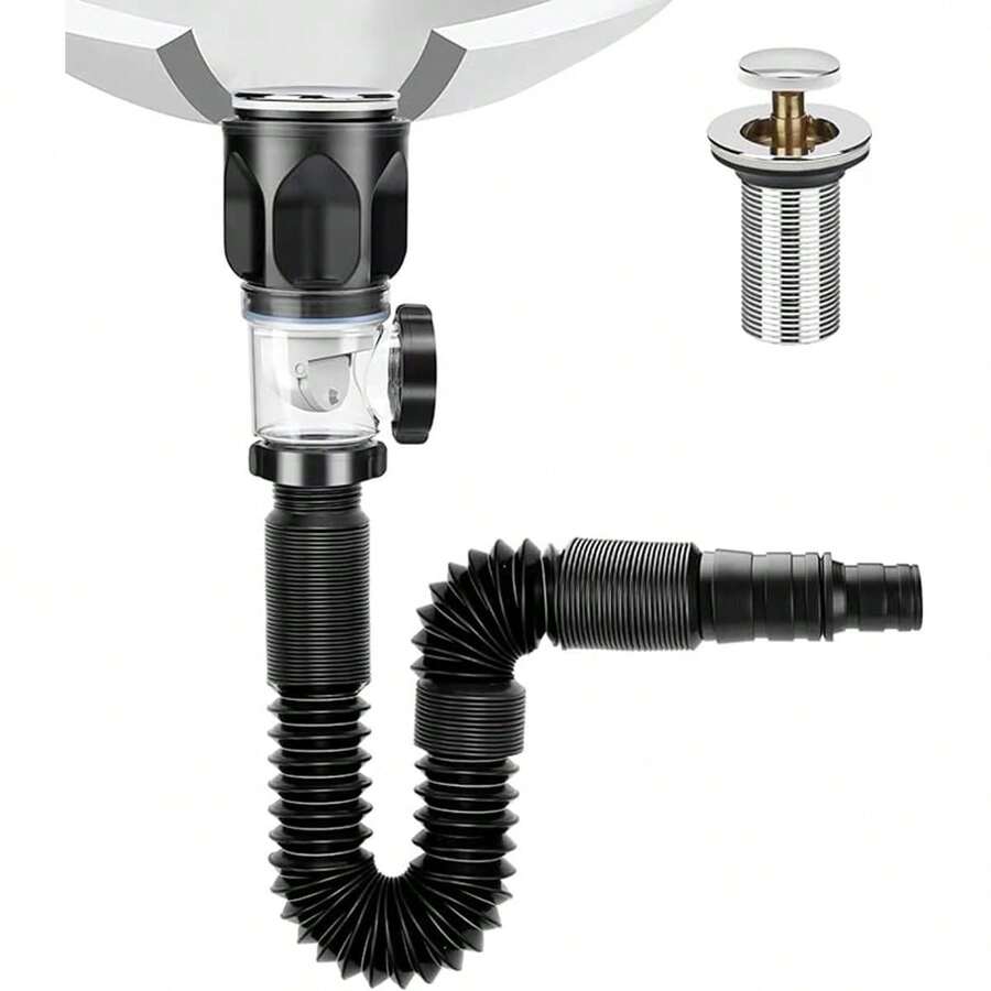 Basin Drain Set: With Flexible And Expandable Drain Pipe With P-Trap, With Integrated Anti-Clogging Plug - A - View 1