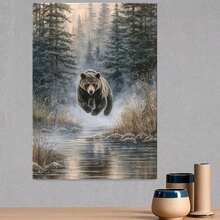 Póster de arte de pared de oso grizzly de estilo minimalista nórdico vintage plano 2D, 1 pieza | Conmarco de madera, listo para colgar, adecuado para dormitorio, sala de estar, cocina, comedor, baño, cafetería, regalo perfecto para la decoración del hogar, ideal para invierno - Enmarcado - Ver 3