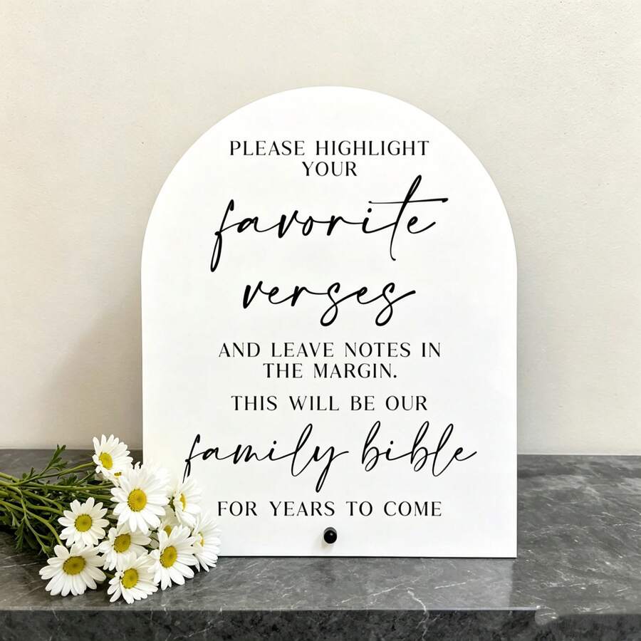 [2D Plano] Cartel de lista de invitados de la Biblia de boda con soporte - 16cmX 20cm Cartel de boda de acrílico blanco de la Biblia familiar, adecuado para recepciones y fiestas de eventos - Ver 1