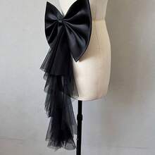 1pc White Satin Oversized Bow Backpiece, Asymmetrical Mesh Ribbon Waist Decor - Multicolor - View 4