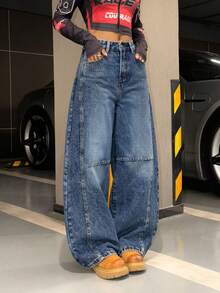 Jeans tipo barrel para mujer con diseño de múltiples bolsillos - Azul - Ver 3